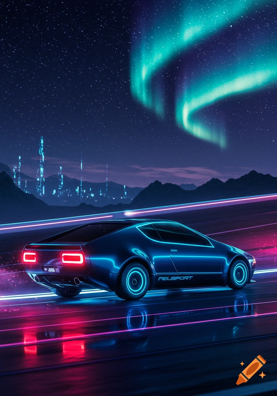 A sleek, dark blue futuristic car with glowing neon blue and pink lights drives on a reflective road under a starry night sky with a vibrant green aurora borealis and a distant cyberpunk city.
