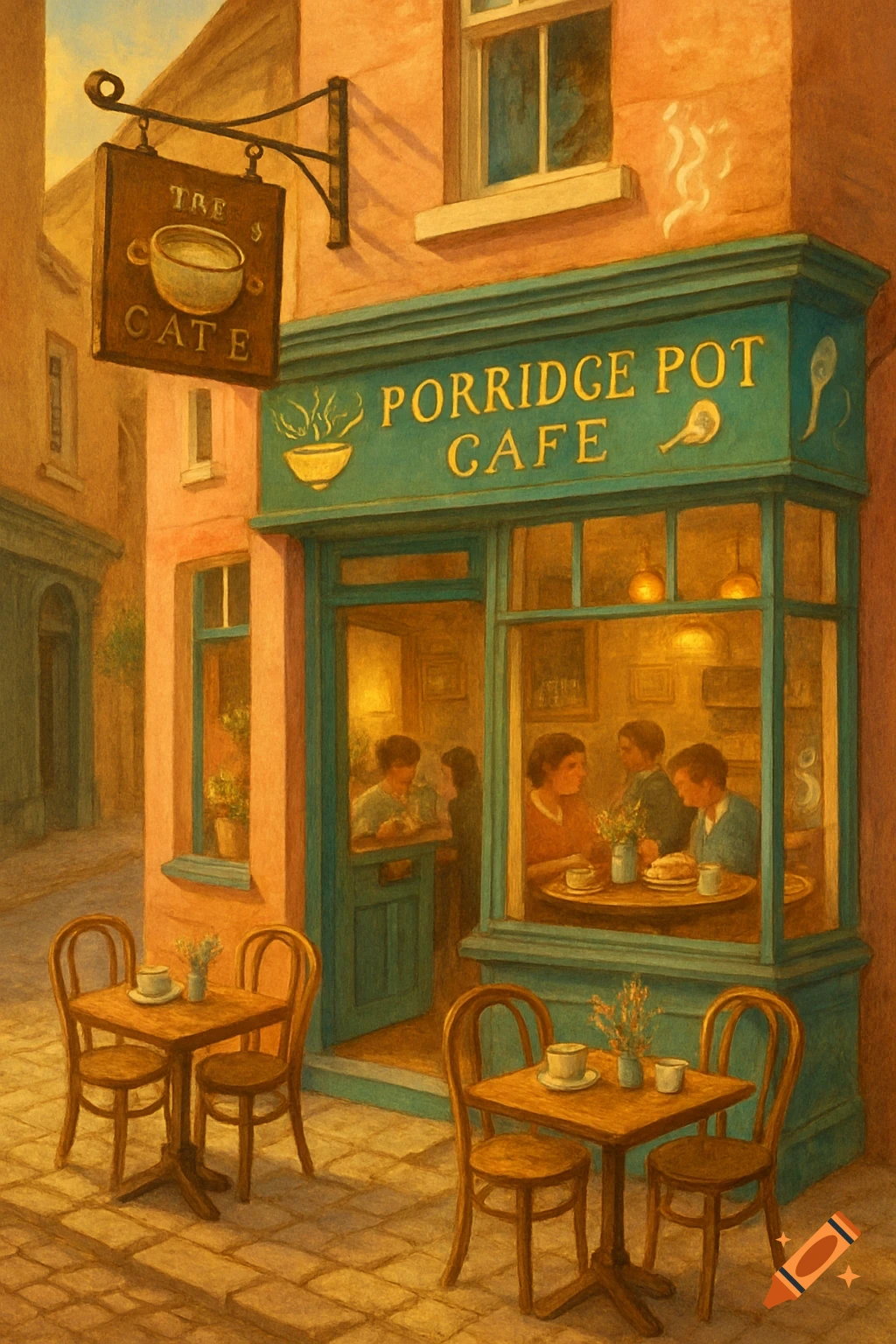 A painting of a charming cafe exterior with outdoor tables and people dining inside, bathed in warm light.