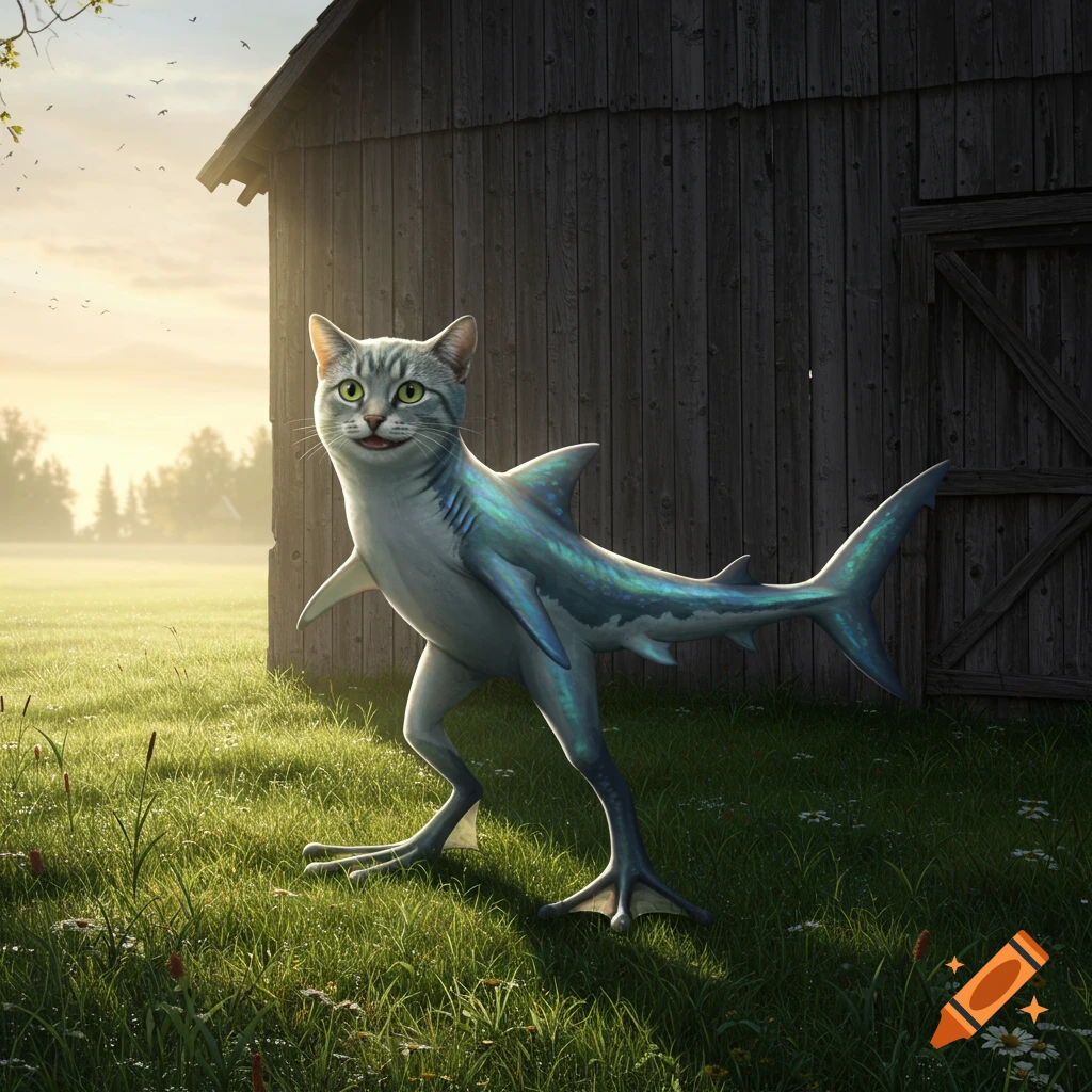 A photorealistic cat-shark-frog hybrid creature stands in a grassy field beside a wooden barn at sunrise.