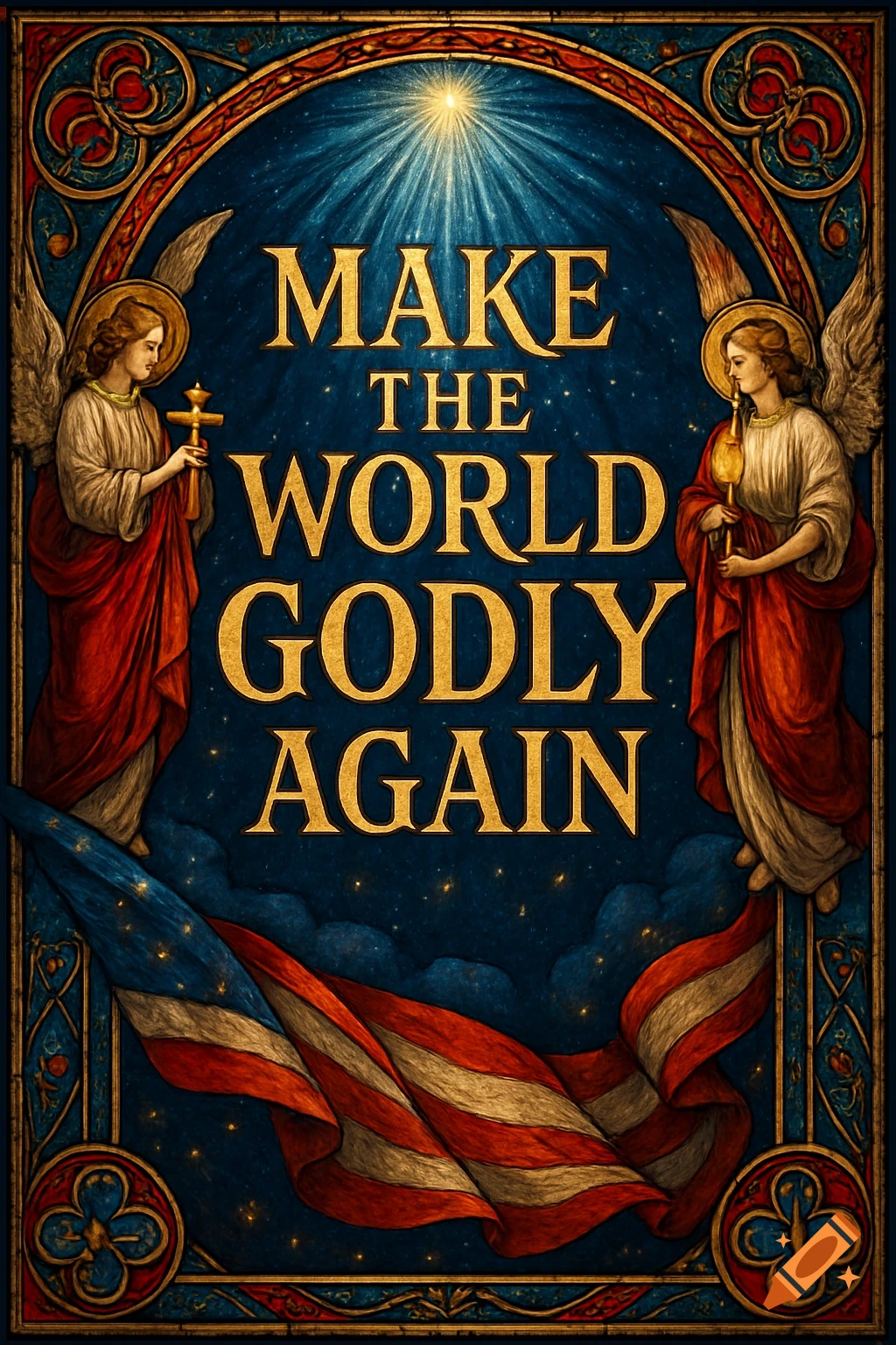 Ornate religious art with two angels, an American flag, and 'MAKE THE WORLD GODLY AGAIN' text on a starry blue background.