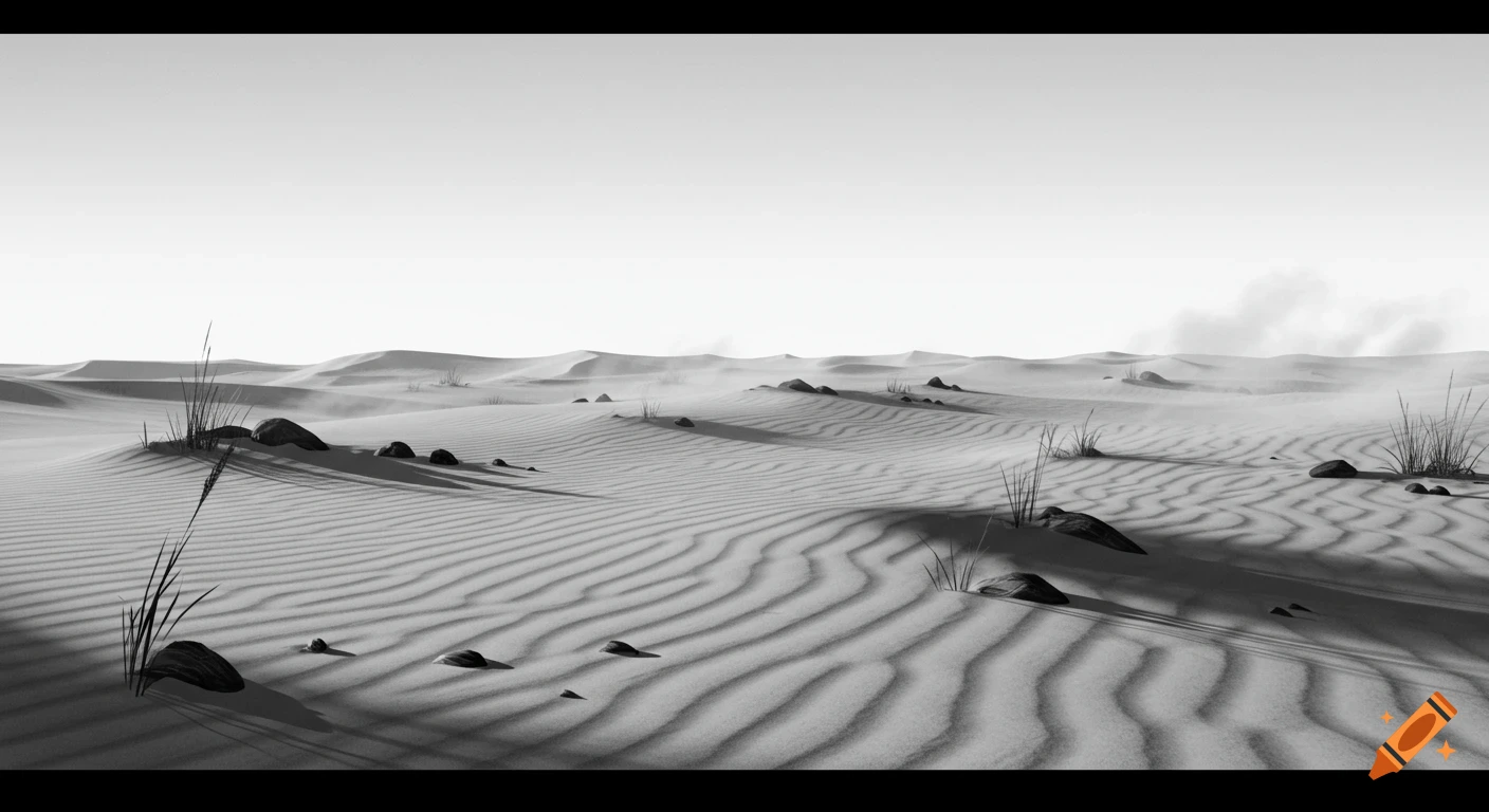 Black and white photo of a vast sandy desert with rippling dunes, sparse dry grass, and scattered rocks under a bright sky.