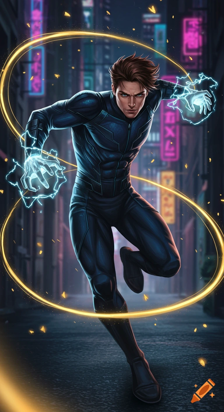 A male superhero in a black and navy suit generates blue electricity from his hands, striking a dynamic pose in a neon-lit urban alleyway.