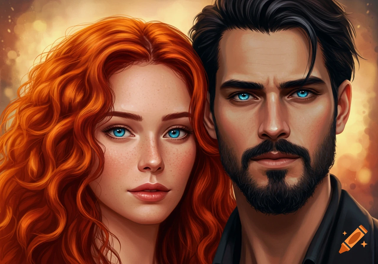 Stylized digital art portrait of a red-haired woman with blue eyes and a dark-haired man with a beard and blue eyes.