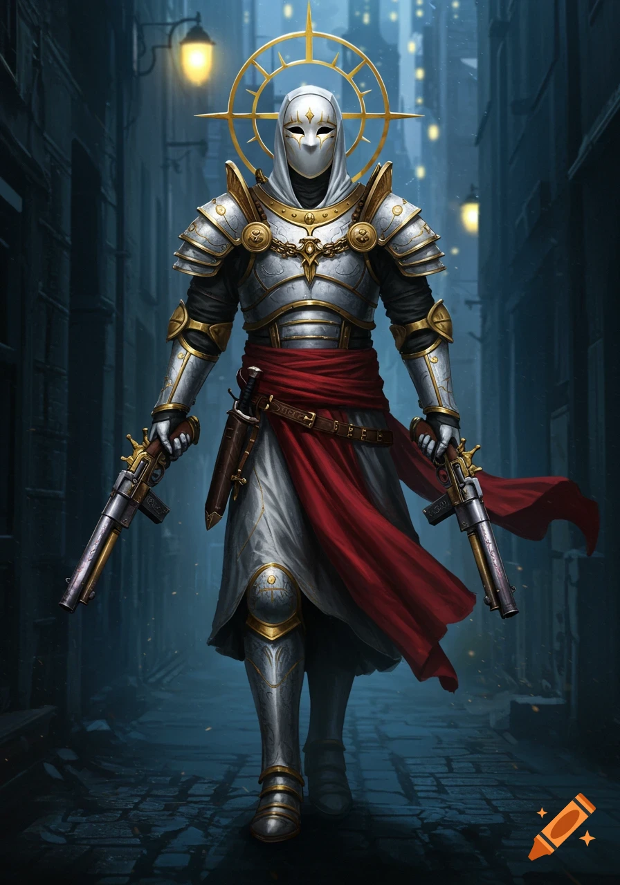 A masked divine warrior in white and gold armor with a red sash, wielding two heavy pistols, walks through a dark alley at night under a golden halo.