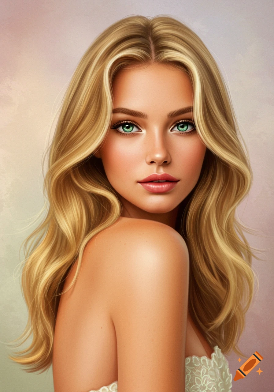 Photorealistic portrait of a beautiful blonde woman with green eyes looking over her shoulder.
