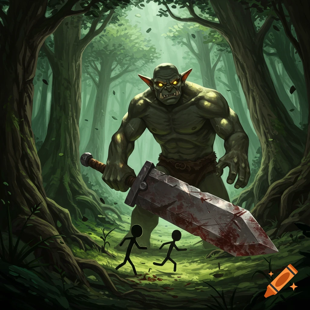 A menacing green troll with glowing eyes, wielding a blood-stained sword, chases two small stick figures through a dark fantasy forest.