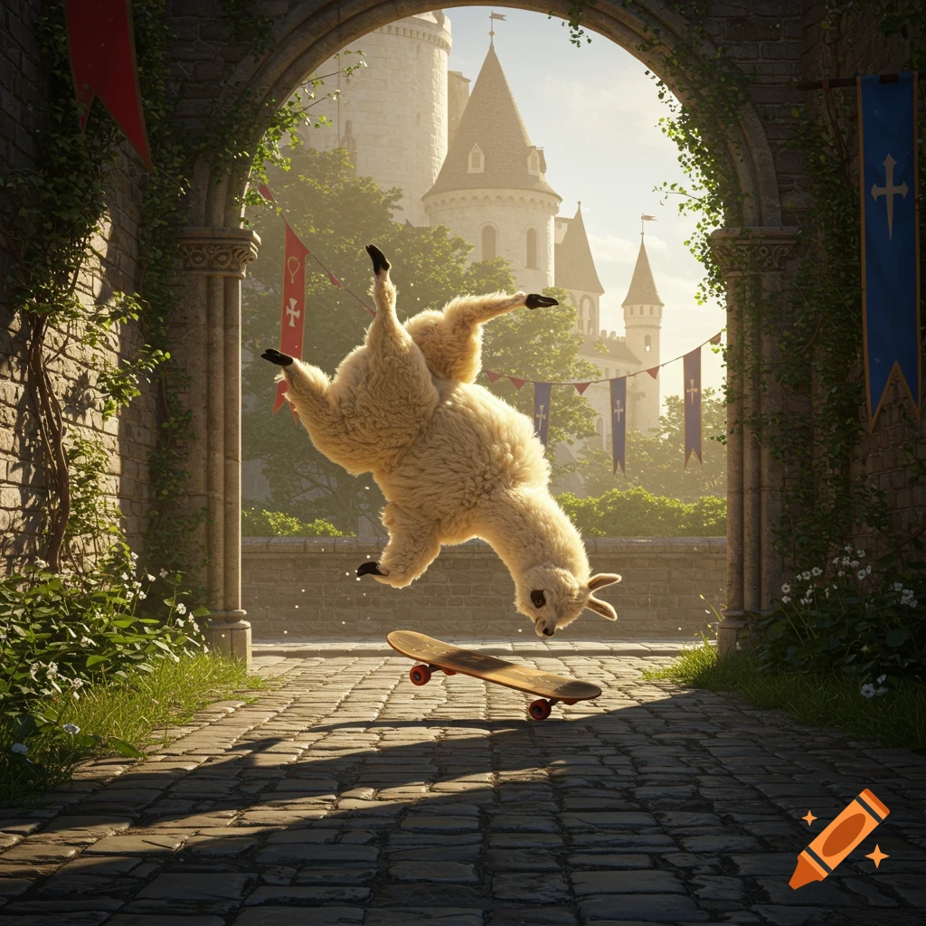 A fluffy llama does a backflip on a skateboard under a medieval archway, with a castle in the sunny background.