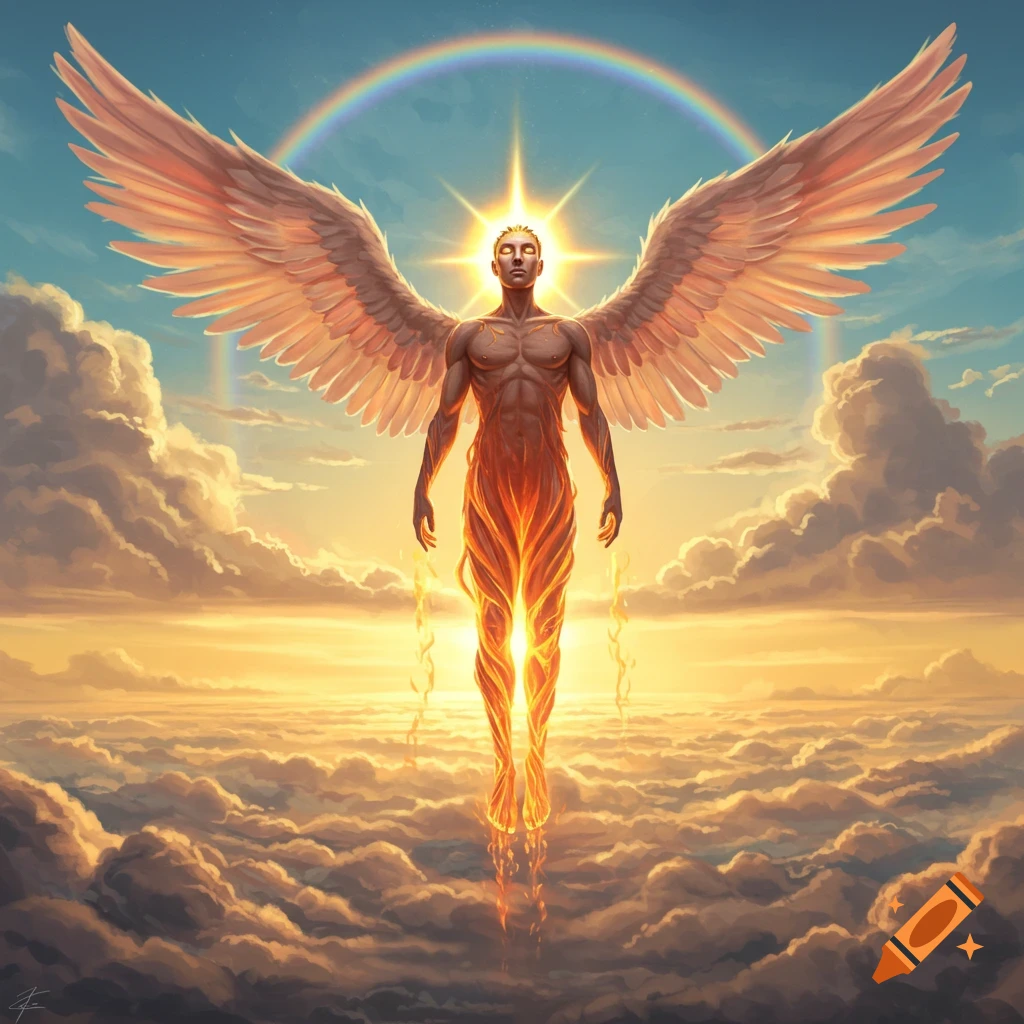A majestic, muscular angel with large white wings and glowing, fiery legs floats above clouds under a rainbow at sunrise.
