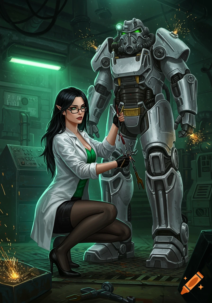 A black-haired woman in a lab coat and glasses crouches, repairing a large white Fallout X-01 Power Armor suit in a sci-fi lab, digital art.