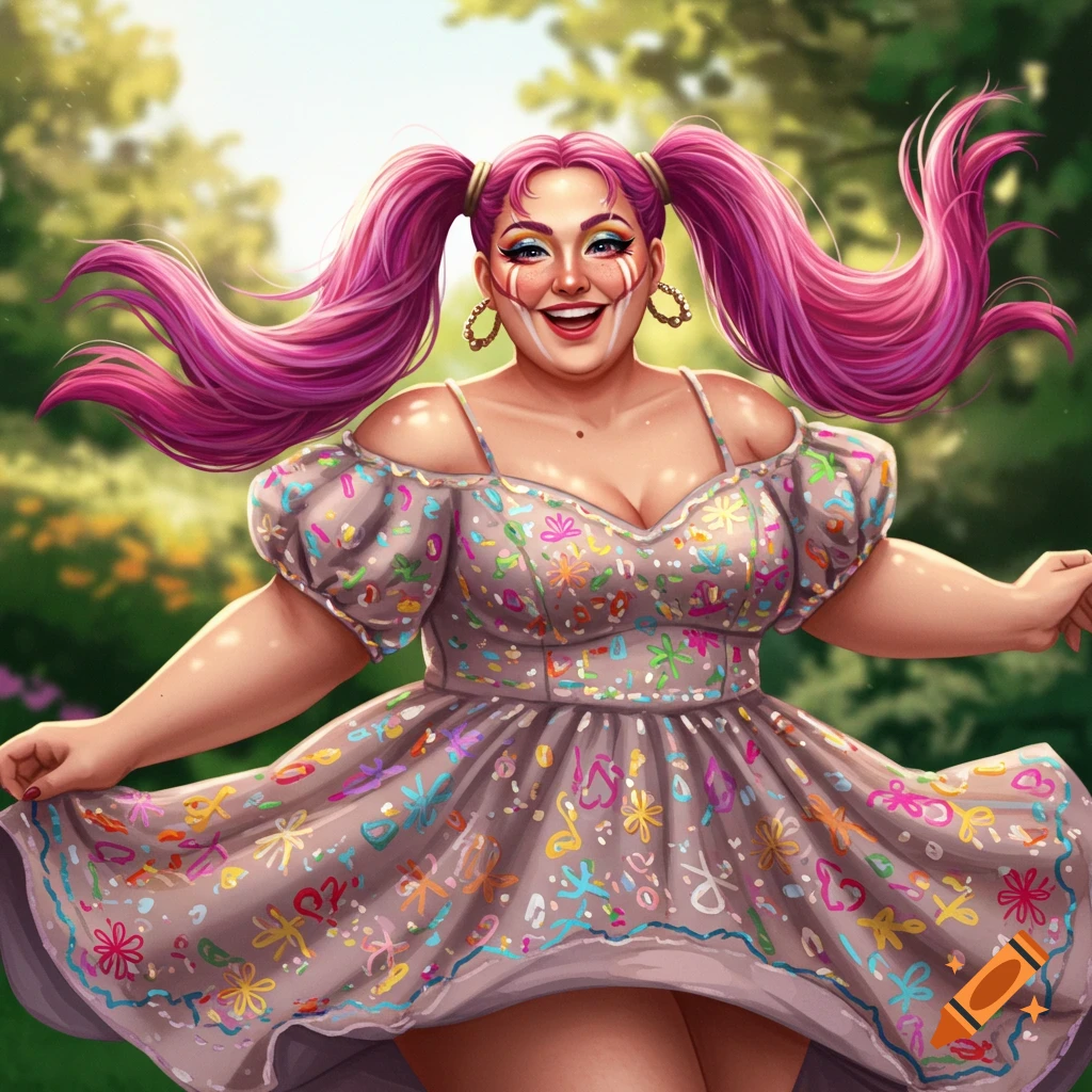 A vibrant digital art portrait of a smiling woman with pink pigtails and colorful makeup, wearing a rainbow-embroidered dress, dancing in a lush green garden.