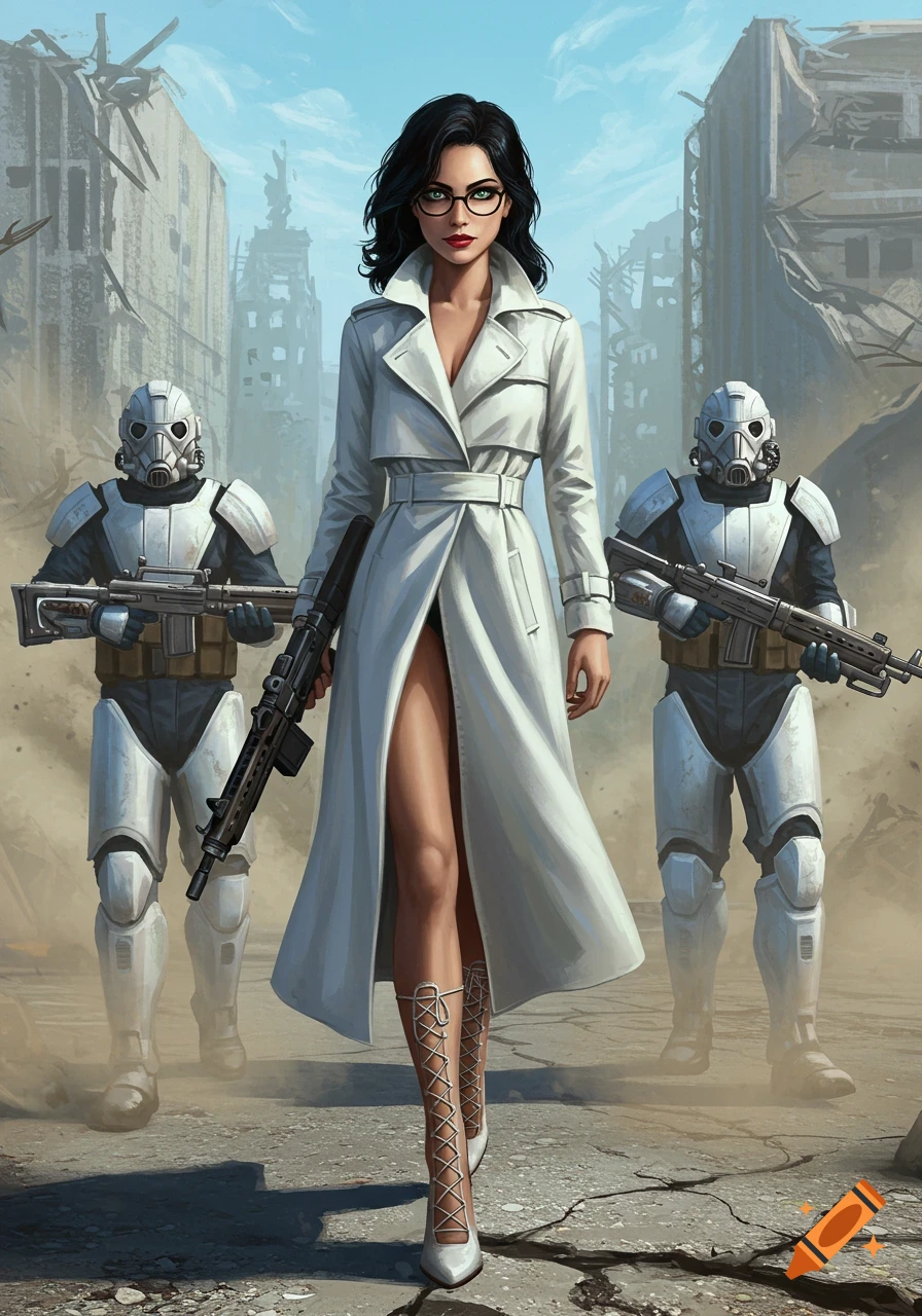 Dark-haired woman in a white trenchcoat and laced heels walks through a ruined city, flanked by two armored guards with rifles.