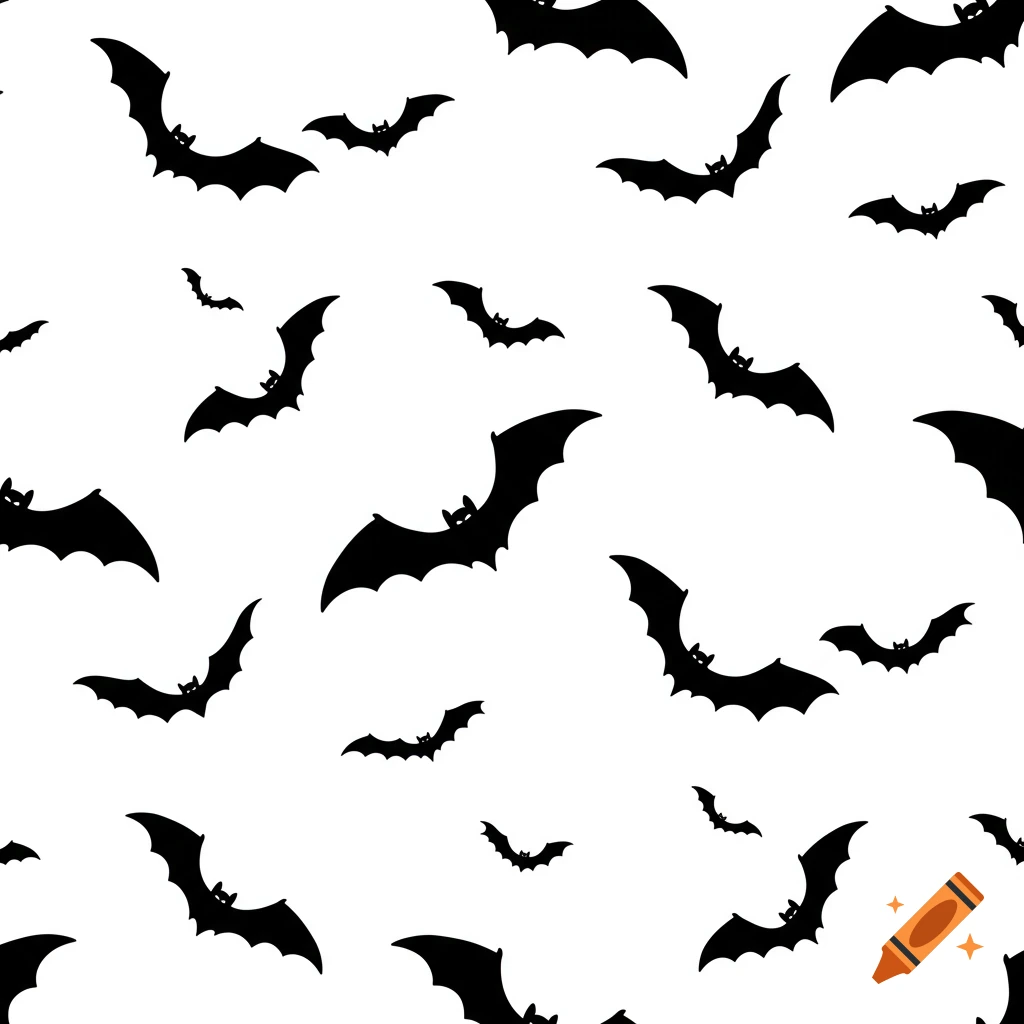 A seamless pattern of black bat silhouettes on a solid white background.