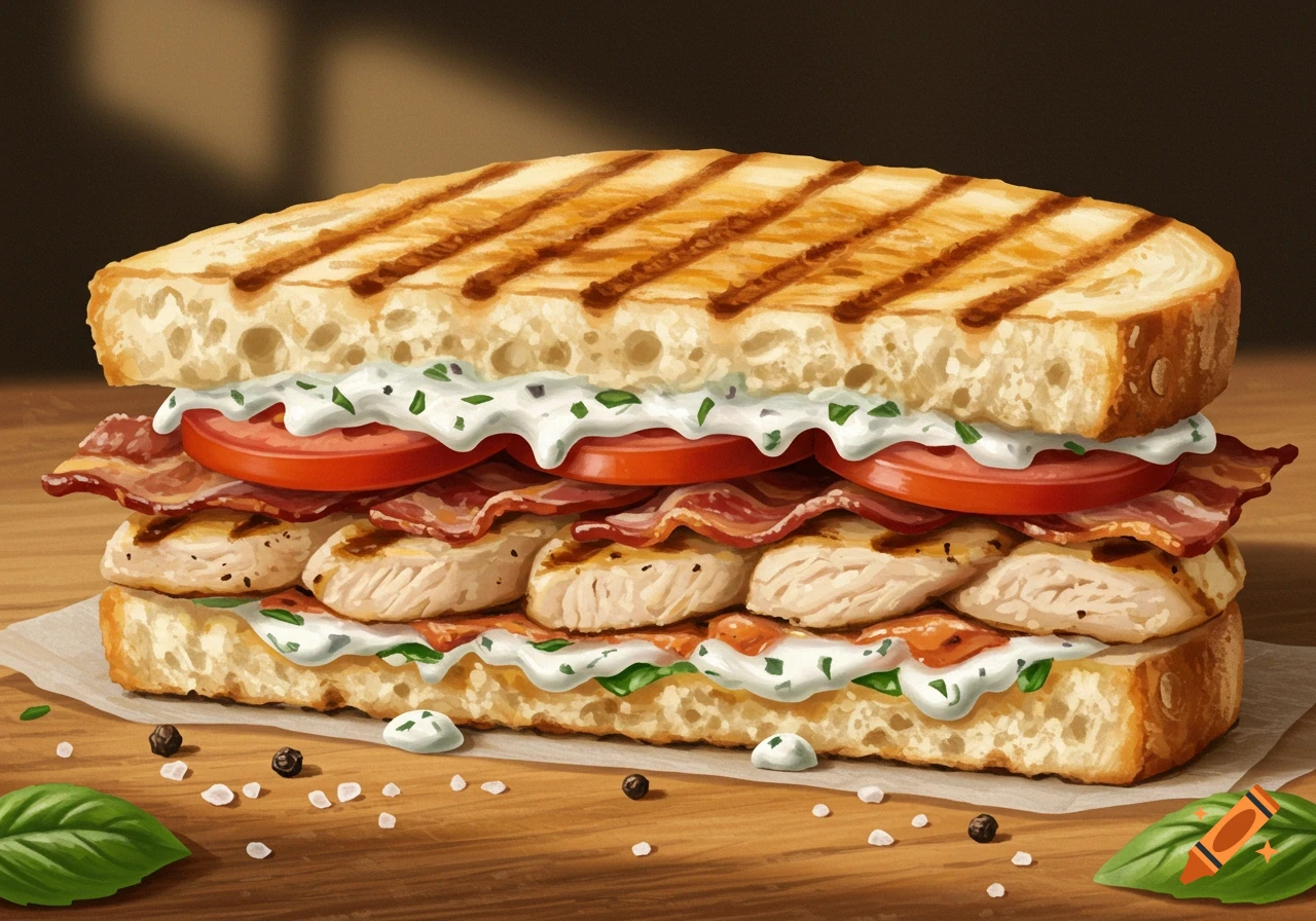 An illustrated grilled chicken, bacon, ranch, and tomato sandwich on sourdough panini bread on a wooden surface.