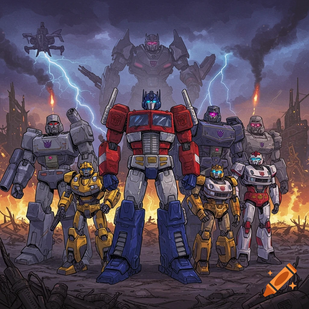 Optimus Prime and Autobots with Megatron and Decepticons stand united in a destroyed, stormy landscape, comic art style.