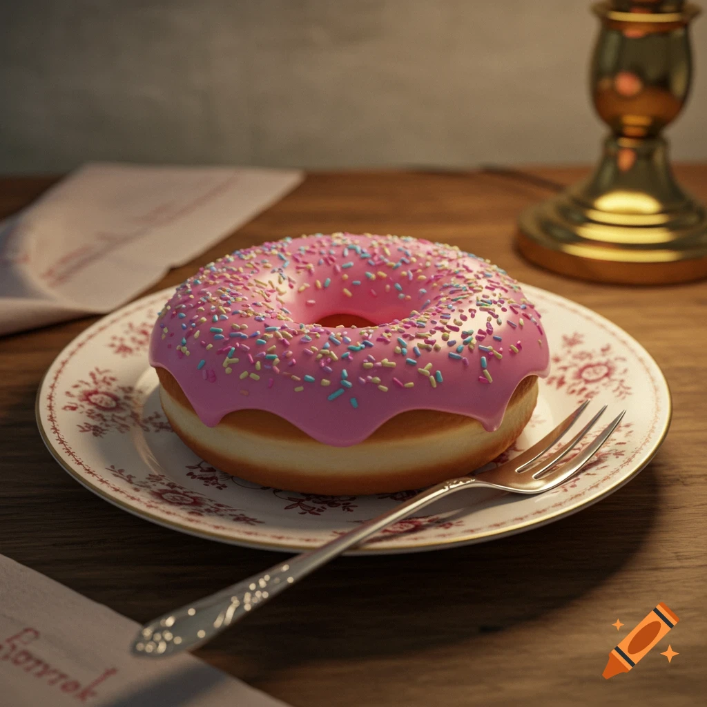 Photorealistic close-up of a pink frosted donut with colorful sprinkles on a floral plate with a silver fork on a wooden table.