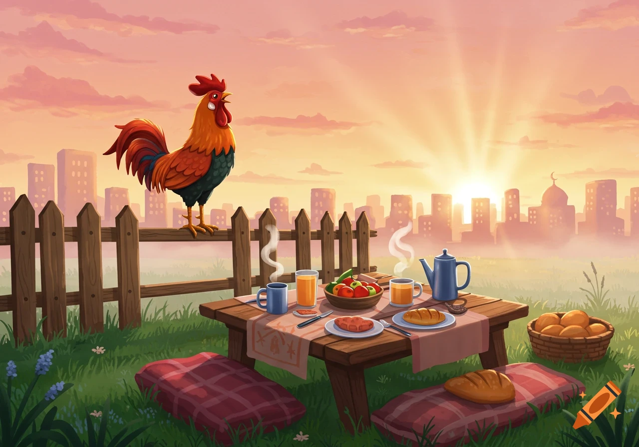 Cartoon illustration of a rooster crowing on a wooden fence overlooking a breakfast picnic table and a city skyline at sunrise.