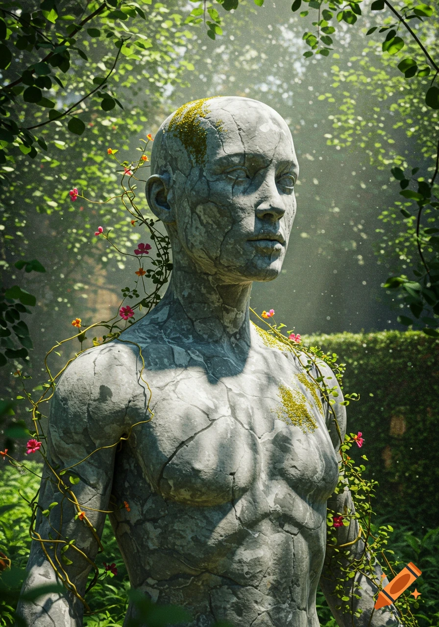 A detailed stone sculpture of a cracked human figure, overgrown with moss and flowering vines, in a sun-dappled green garden.