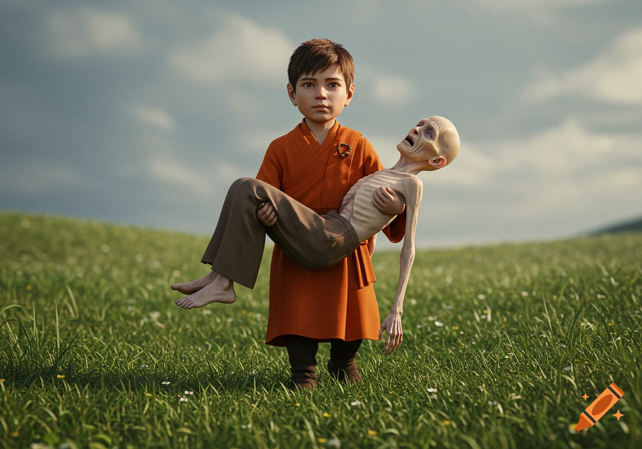 A young boy in an orange robe carries an emaciated old man through a green field under a cloudy sky.