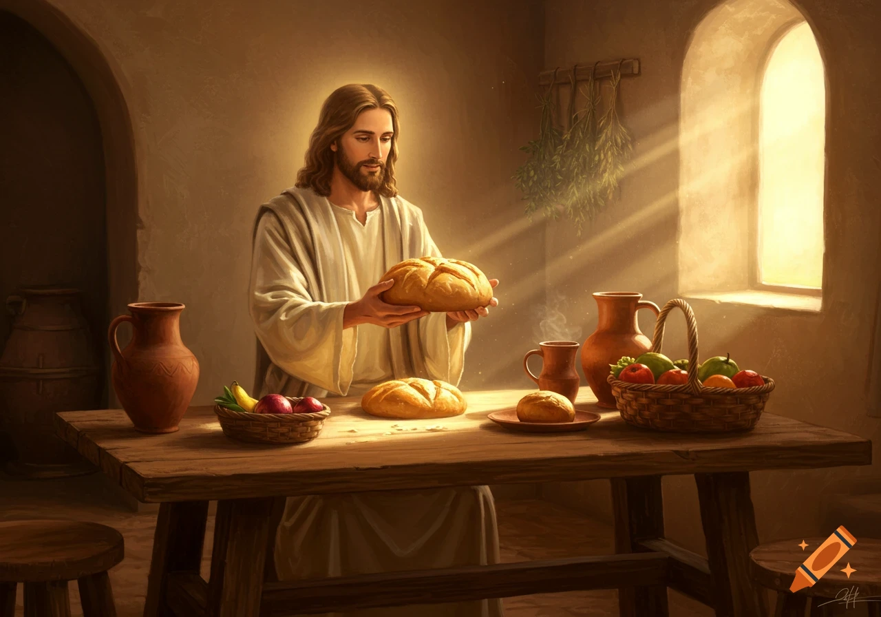 Jesus, with a halo, holds a loaf of bread at a rustic table with fruit and pitchers in a warm, sunlit room, painted style.