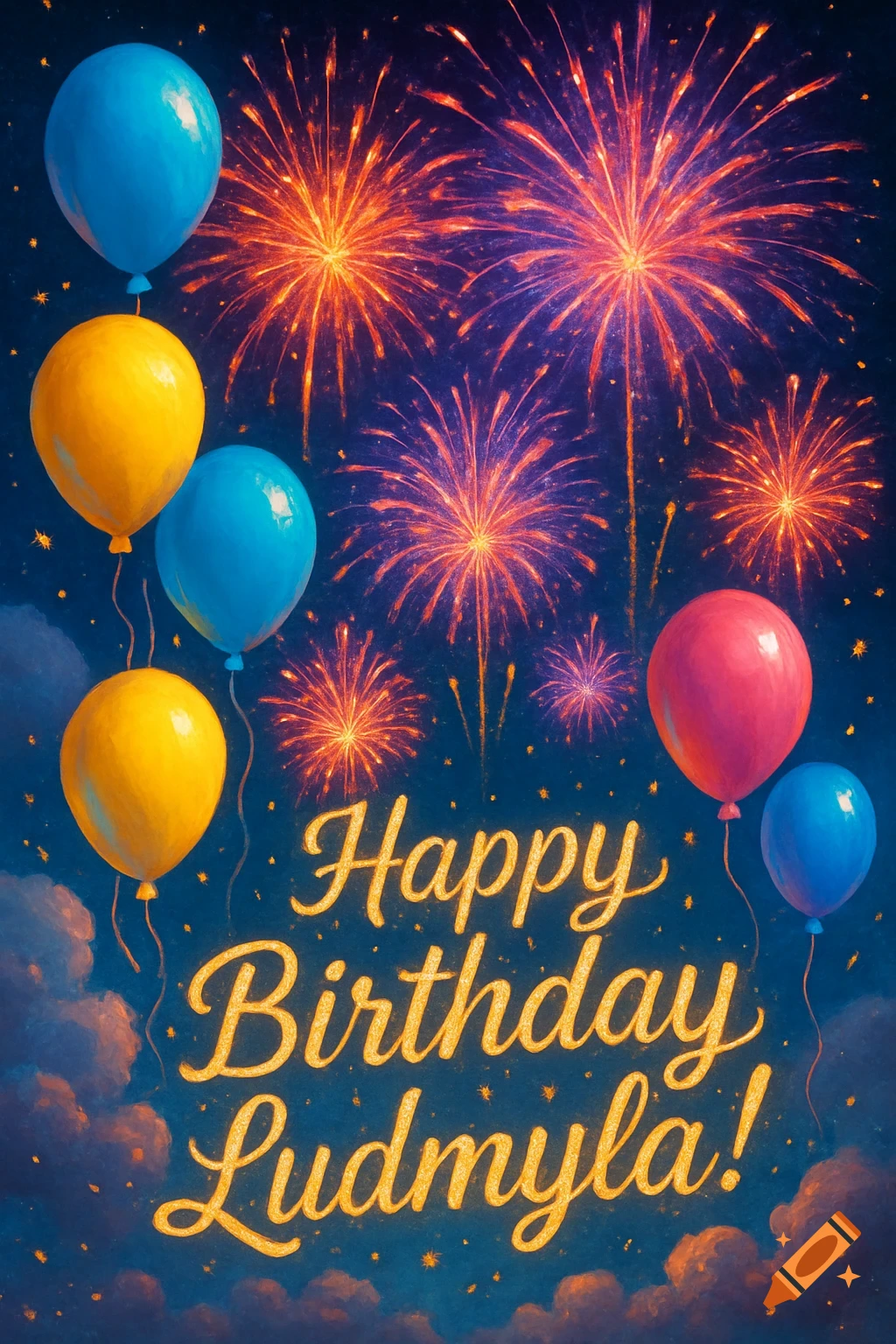Colorful balloons and bright fireworks against a dark sky, with 'Happy Birthday Ludmyla!' written in golden cursive.