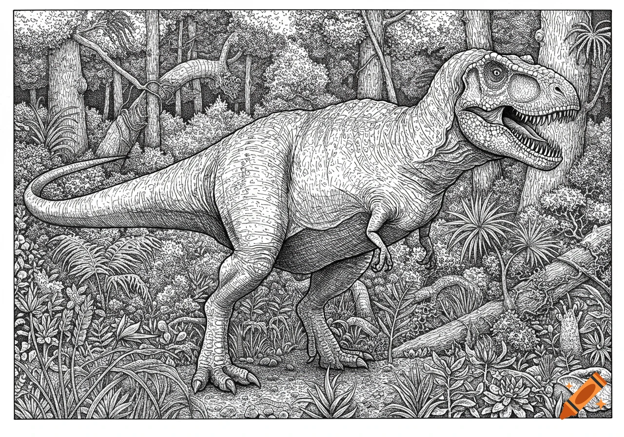 A detailed black and white line art illustration of a T-Rex roaring in a dense jungle.