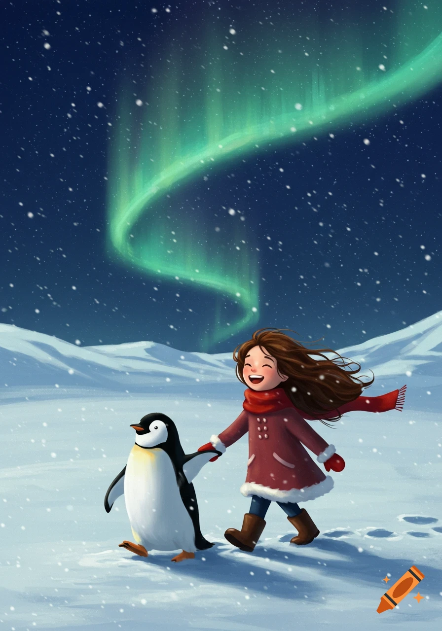 An illustrated happy girl holding hands with a penguin, walking in a snowy landscape under the green aurora borealis.