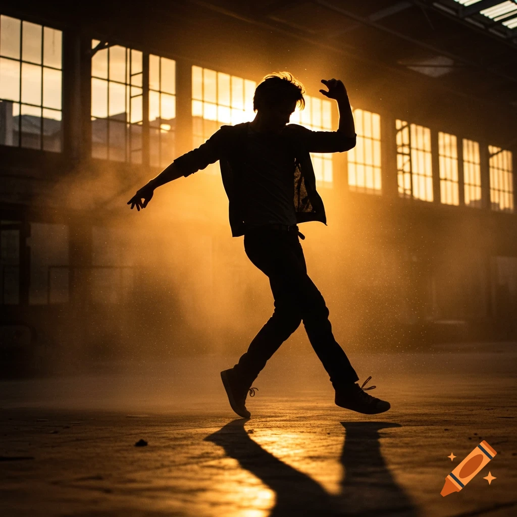 A silhouetted young man dances dynamically in a dusty, sunlit industrial building with large windows.