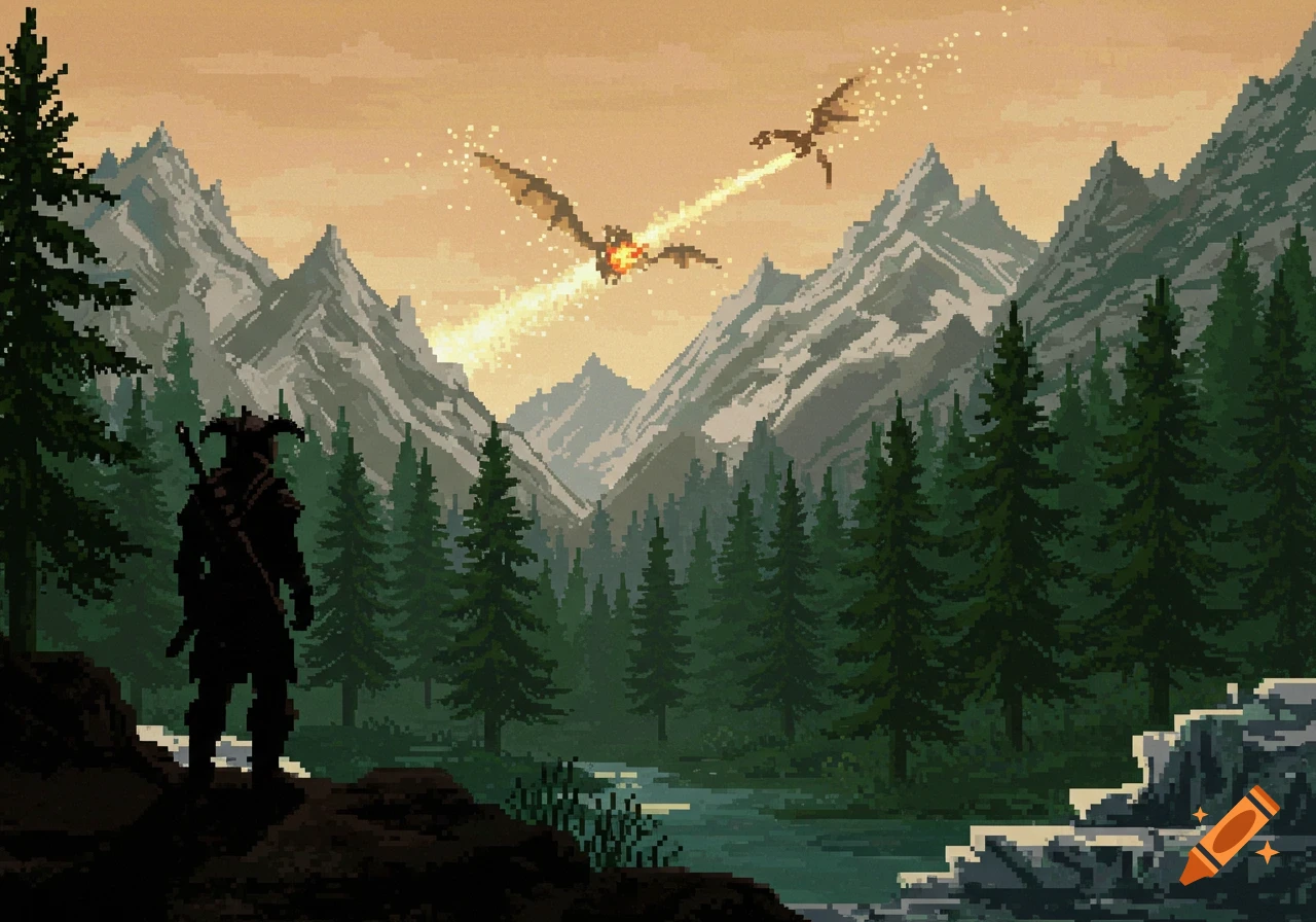 Pixel art of a warrior watching two dragons battling in a mountainous, forested valley with a river under a sunset sky.