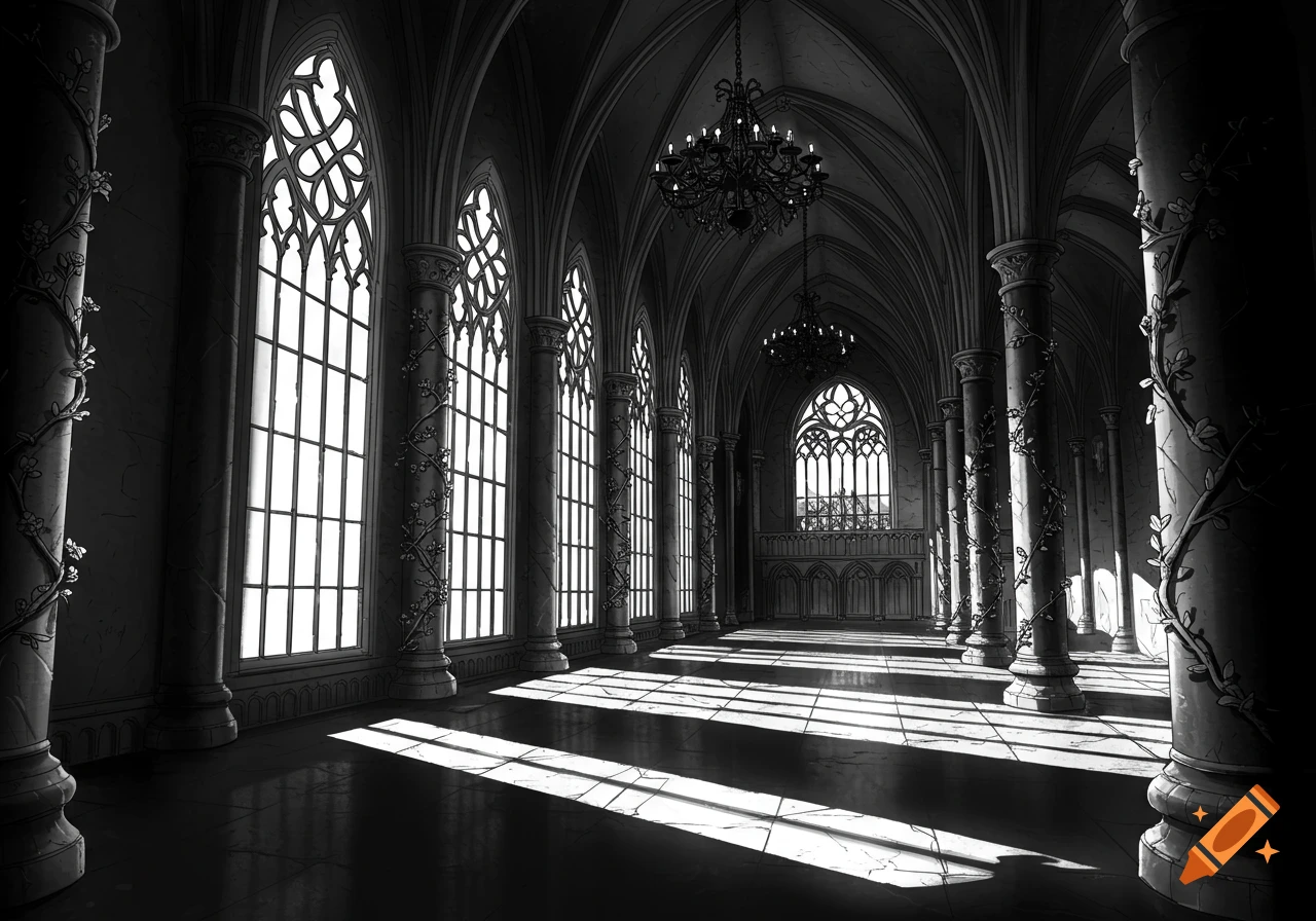 Black and white line art of a grand gothic ballroom with tall arched windows, chandeliers, and sunlight streaming onto the floor.