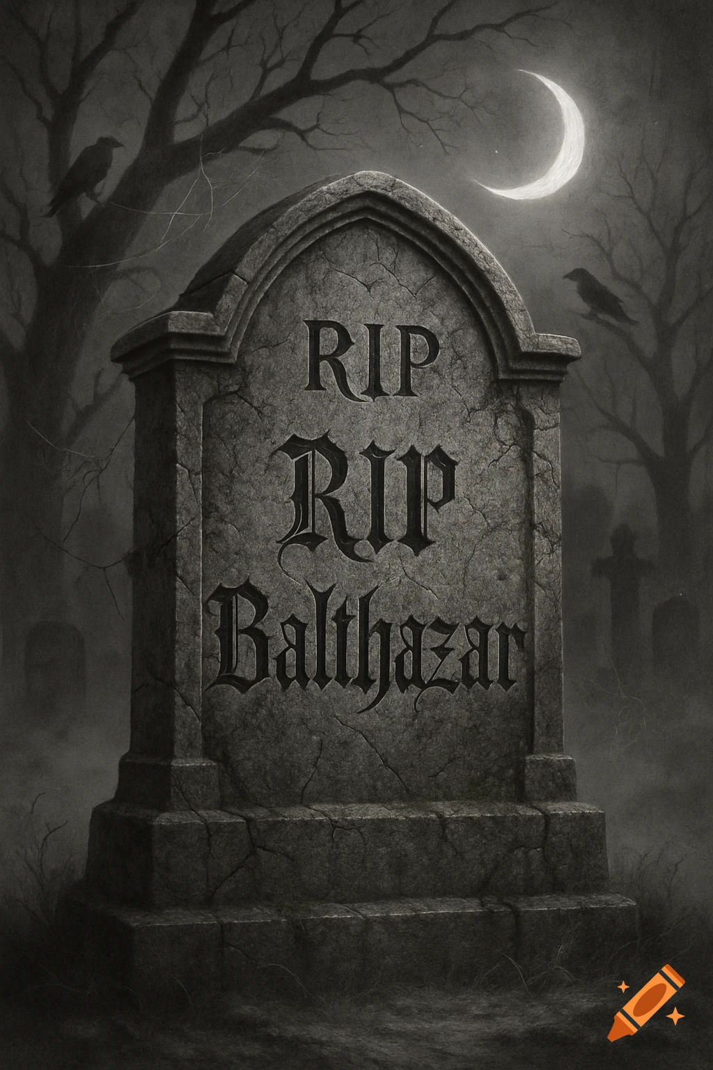A dark, monochrome illustration of a cracked stone tombstone in a foggy graveyard under a crescent moon, with two ravens perched on bare trees. The tombstone reads "RIP RIP Balthazar".
