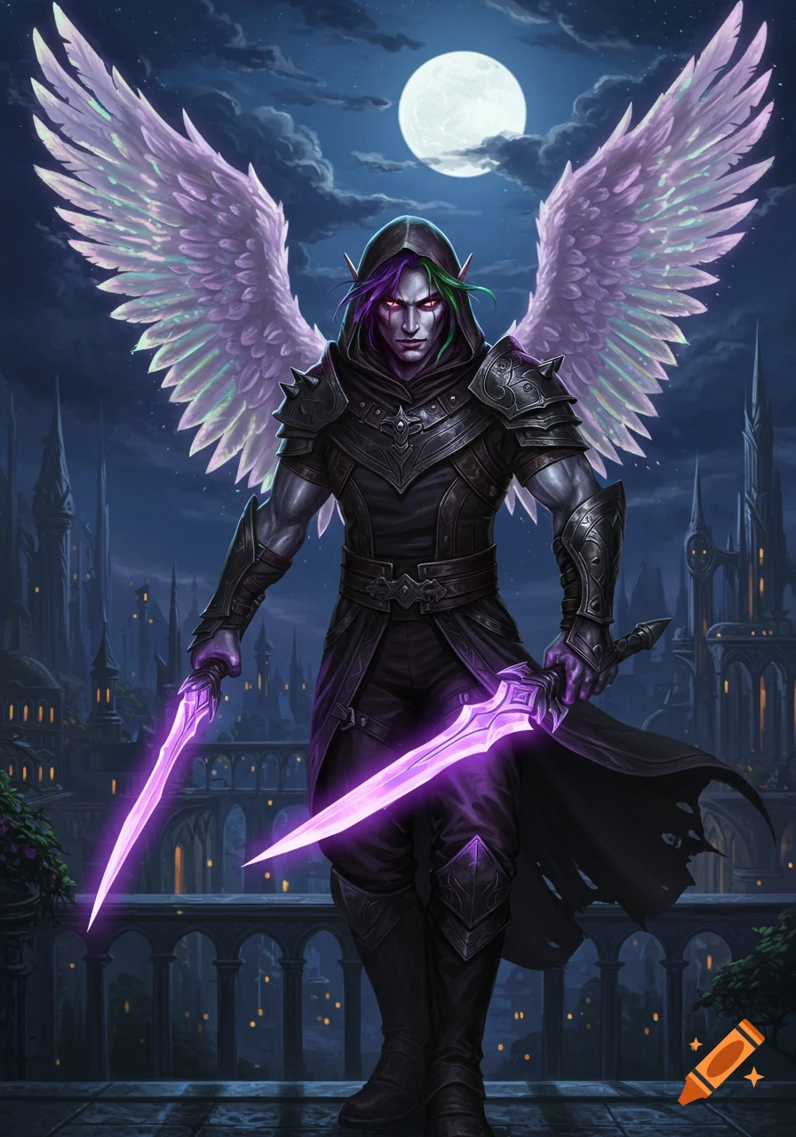 A dark elf-like male rogue with silver skin, purple and green hair, and large luminous feathered wings, stands in black studded armor holding two glowing purple energy swords on a rooftop overlooking a fantasy elven city at night under a full moon.