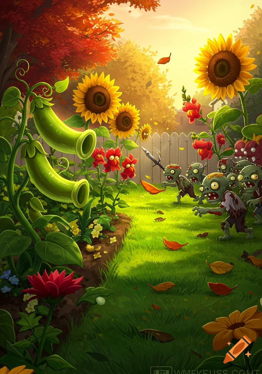 A vibrant garden scene from Plants vs. Zombies with peashooters and sunflowers defending against a horde of cartoonish zombies.