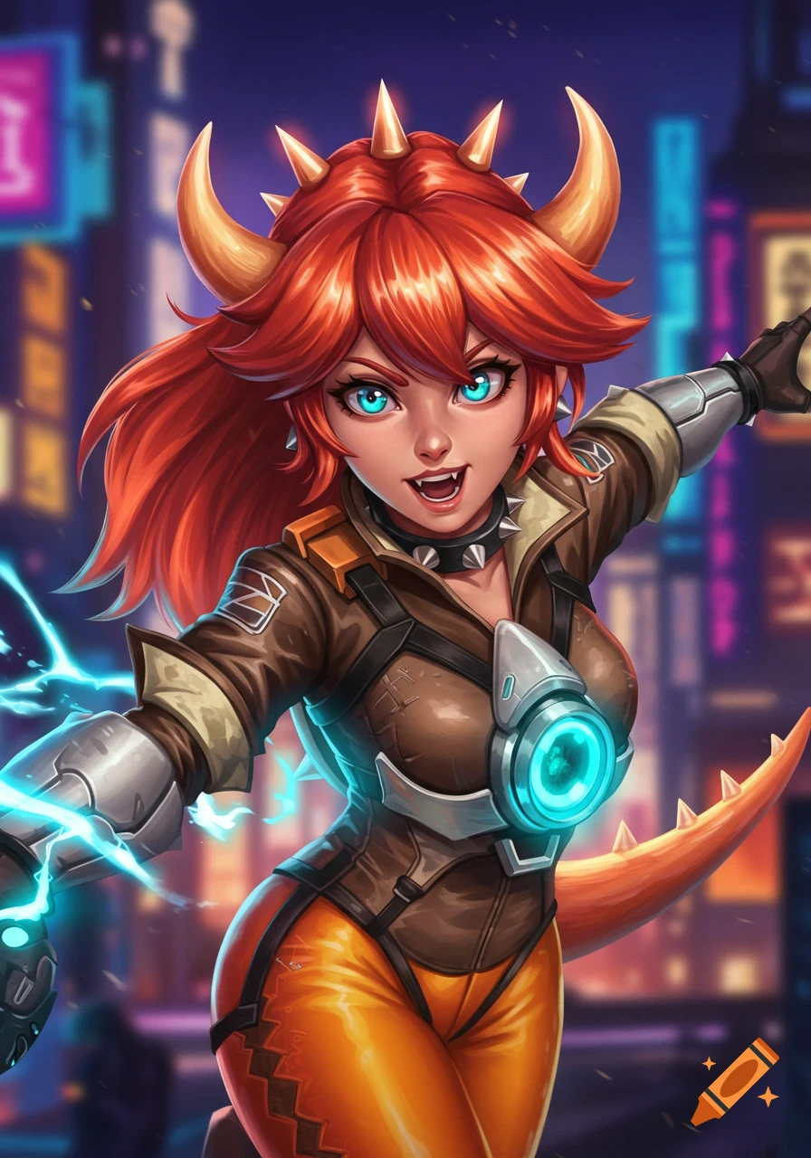 Anime-style Bowsette, with red hair, horns, and a tail, dressed as Tracer from Overwatch, with glowing blue powers, in a cyberpunk city at night.