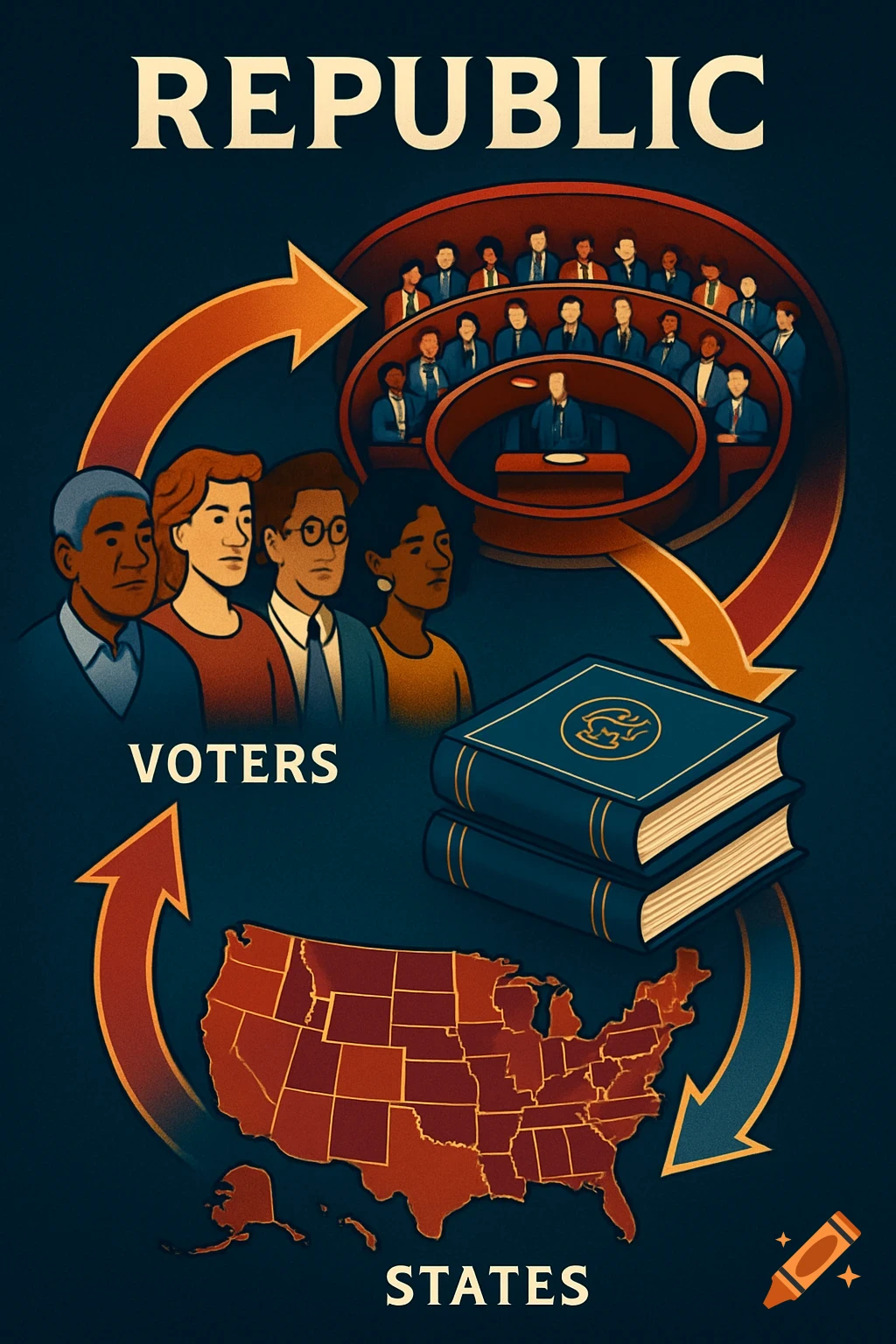 A graphic diagram showing how a republic works, with interconnected elements for voters, lawmakers, laws, and states. Text labels: REPUBLIC, VOTERS, STATES.