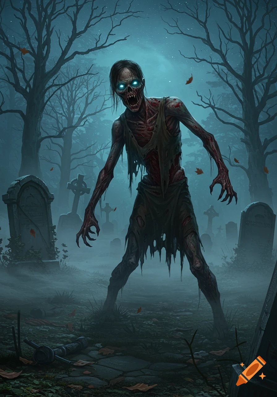 A terrifying zombie with glowing blue eyes and tattered clothes emerges from a foggy, moonlit graveyard with tombstones and bare trees.