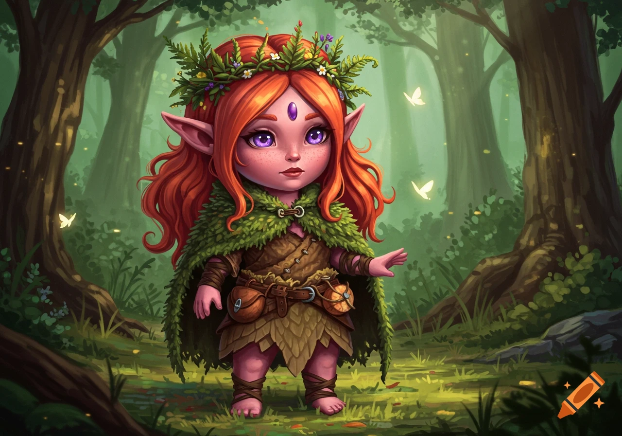 A cute, stylized female forest gnome with red hair, purple eyes, and a leaf cloak stands in a magical forest.