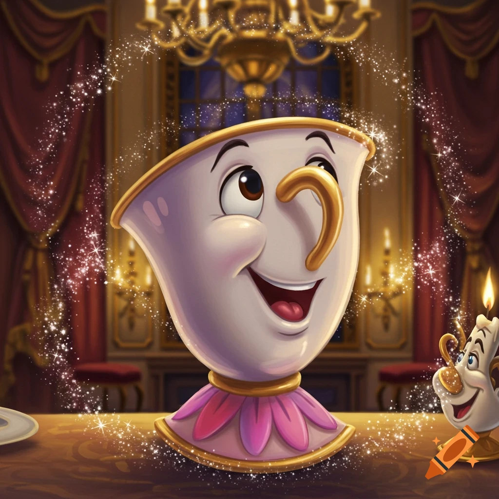 Smiling Chip the teacup and Lumiere in an ornate room with magical sparkles, cartoon style.