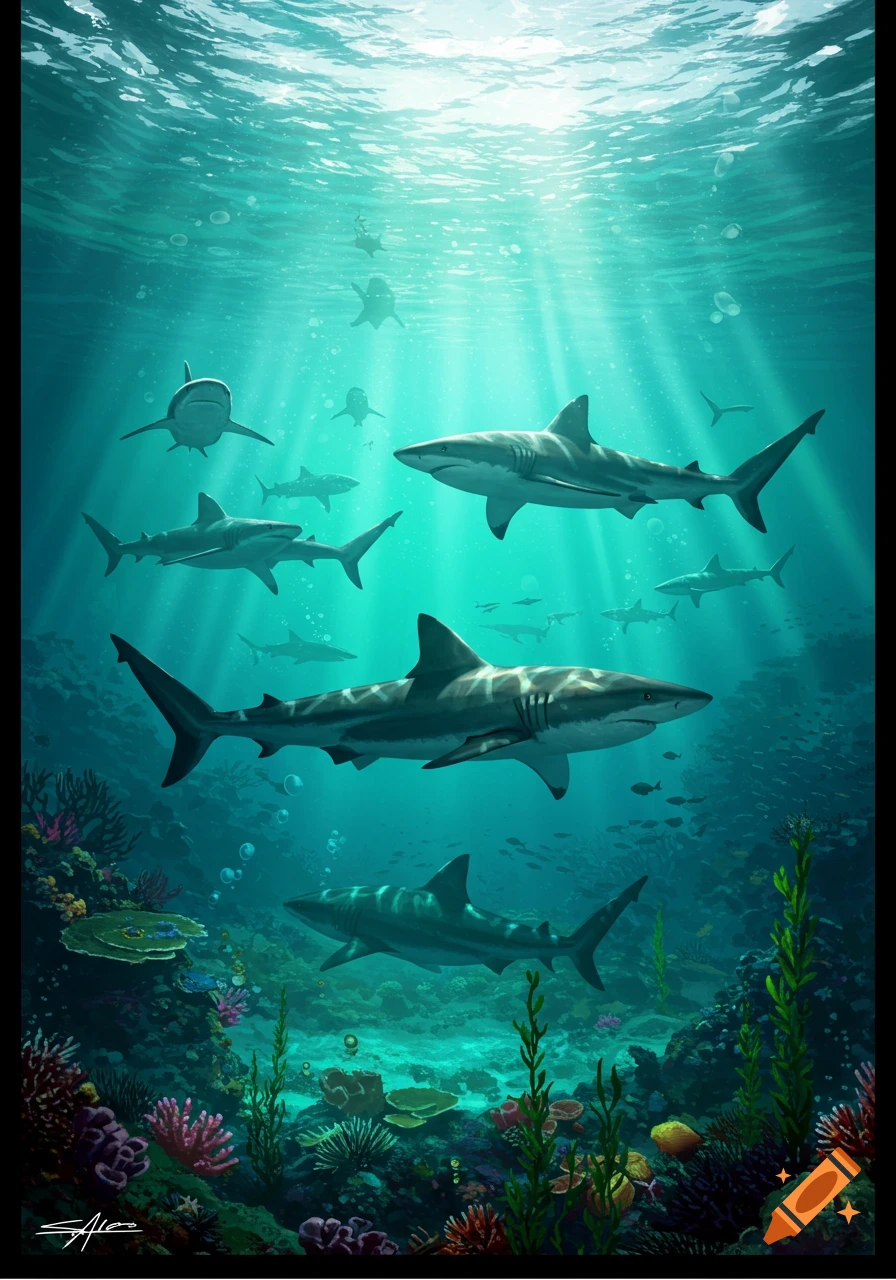 Multiple sharks swim in deep blue water with sun rays beaming down on a vibrant coral reef.