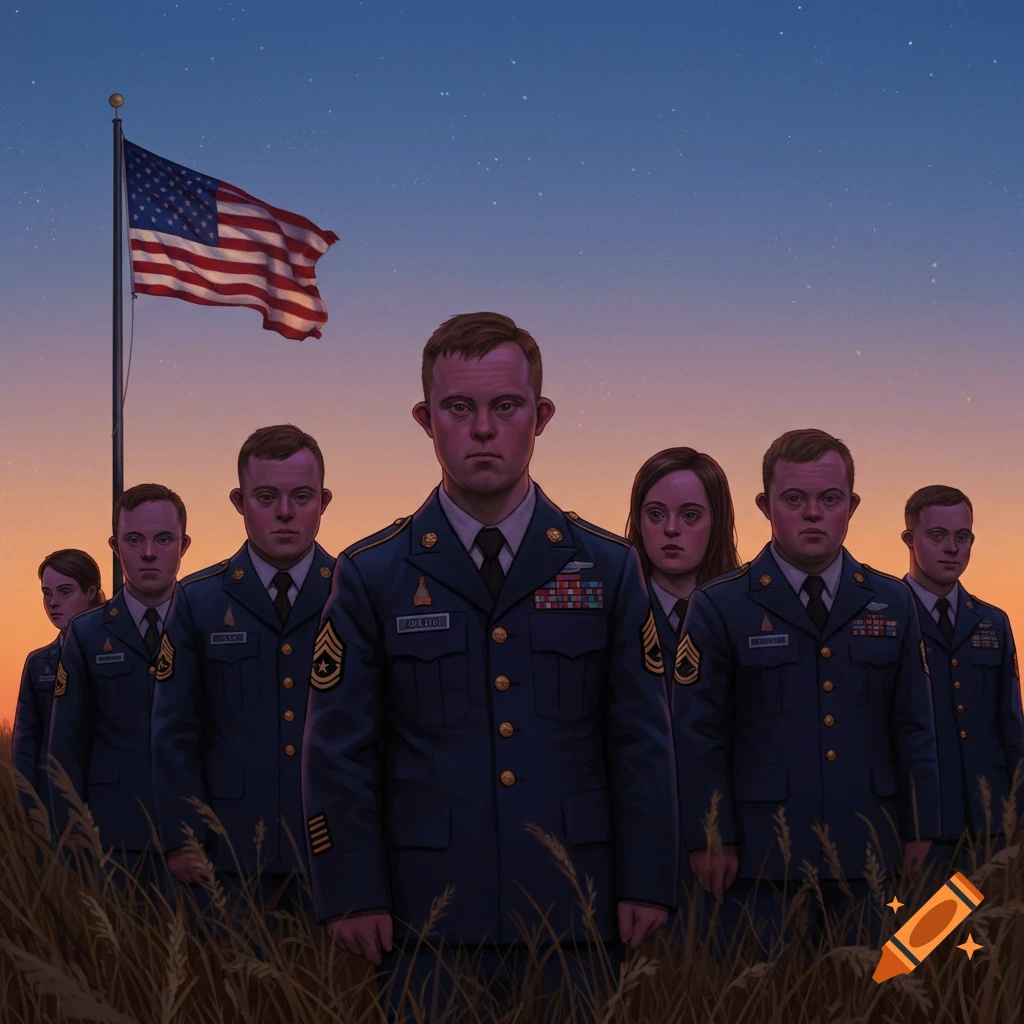 A group of soldiers with Down syndrome stand in a field at sunset, an American flag waving behind them. They wear dark blue uniforms.