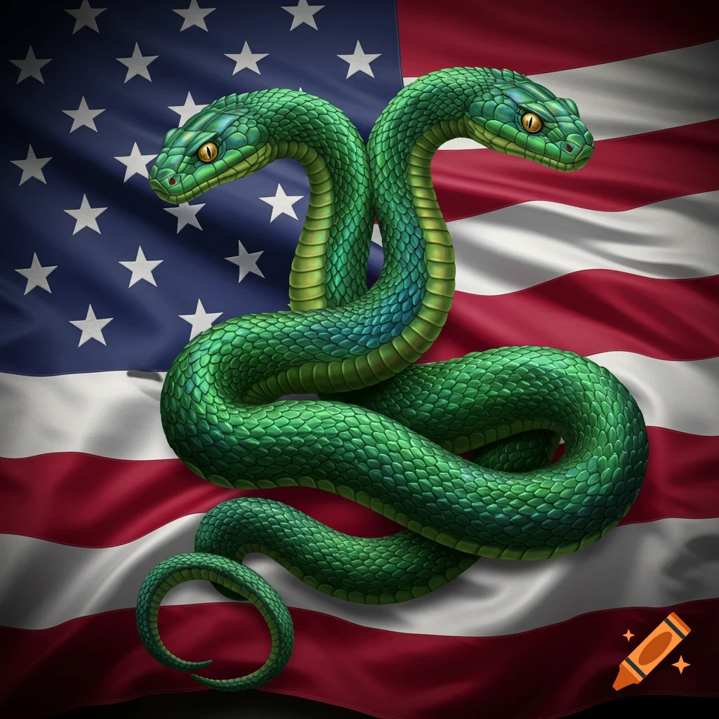 A vibrant green two-headed snake is coiled against a waving American flag.