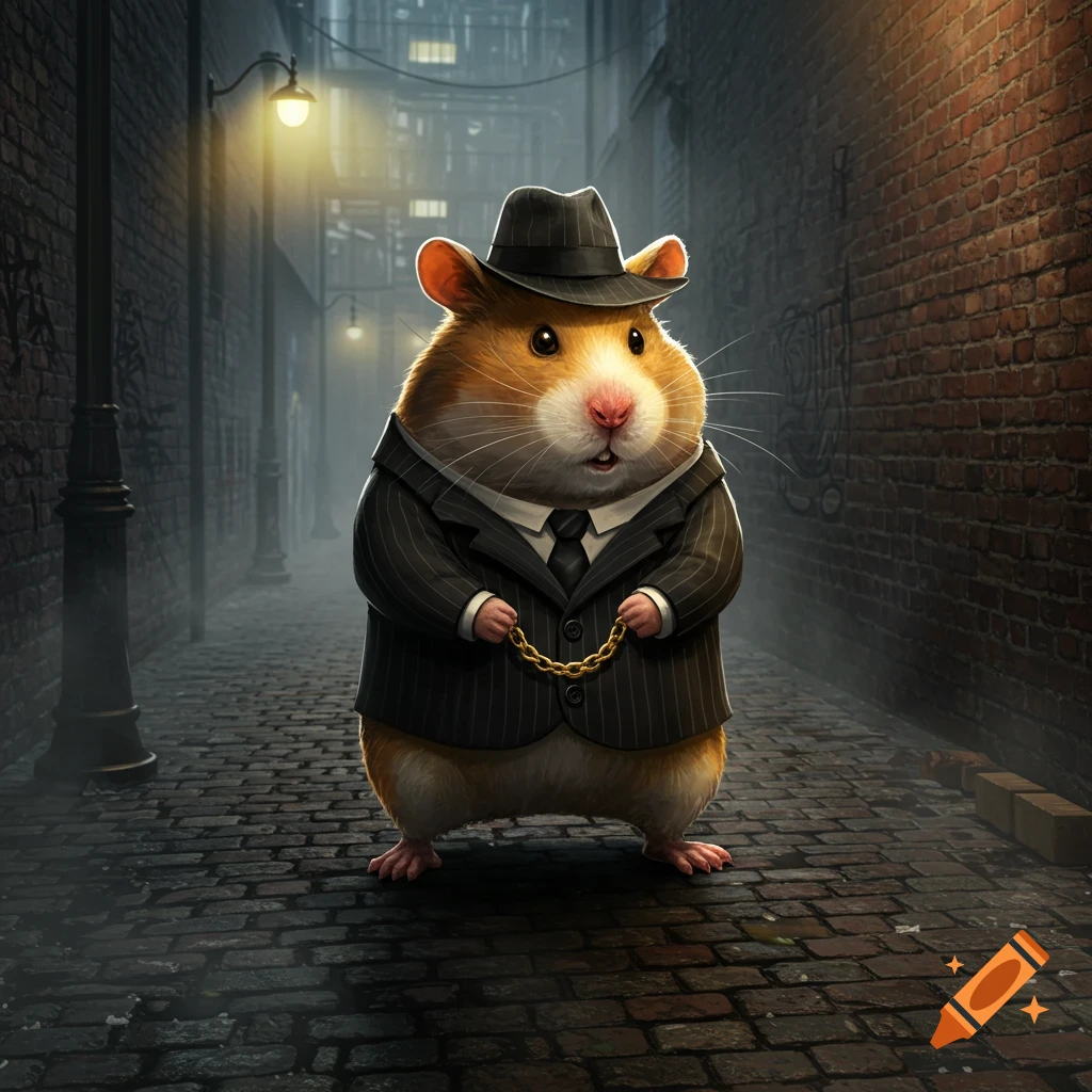 A cute hamster dressed as a gangster in a pinstripe suit and fedora, holding a gold chain, stands in a dimly lit alley.