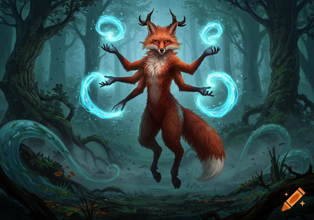 An anthropomorphic, four-armed fox creature with horns levitates in a forest, surrounded by blue magic.