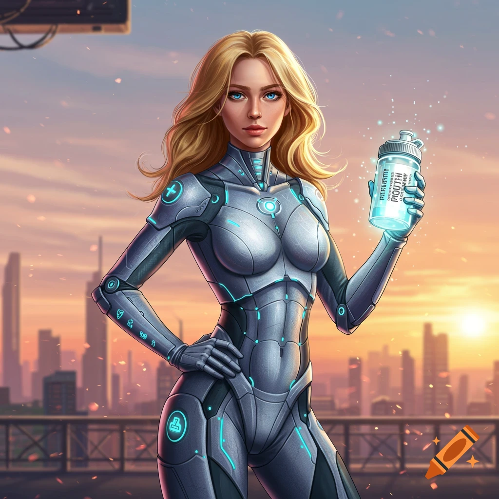 A blonde woman in a futuristic silver and blue suit holds a glowing bottle in front of a city skyline at sunset, digital art style.
