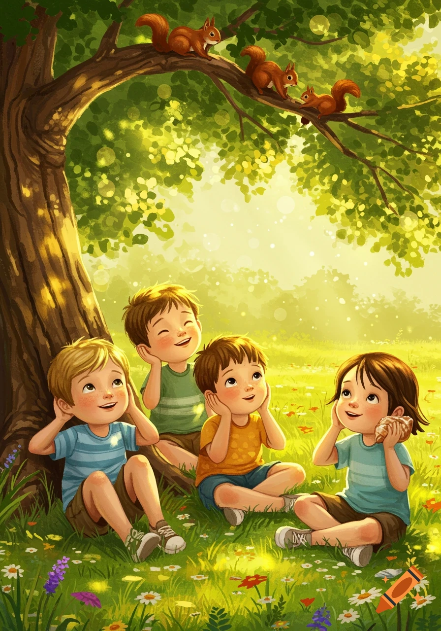 Four smiling children sit under a tree in a sunny meadow, looking up at squirrels on a branch. Digital illustration.