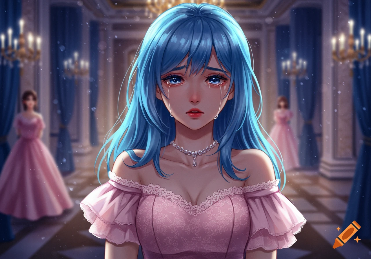 Anime girl with blue hair in a pink prom dress, crying in a grand ballroom.
