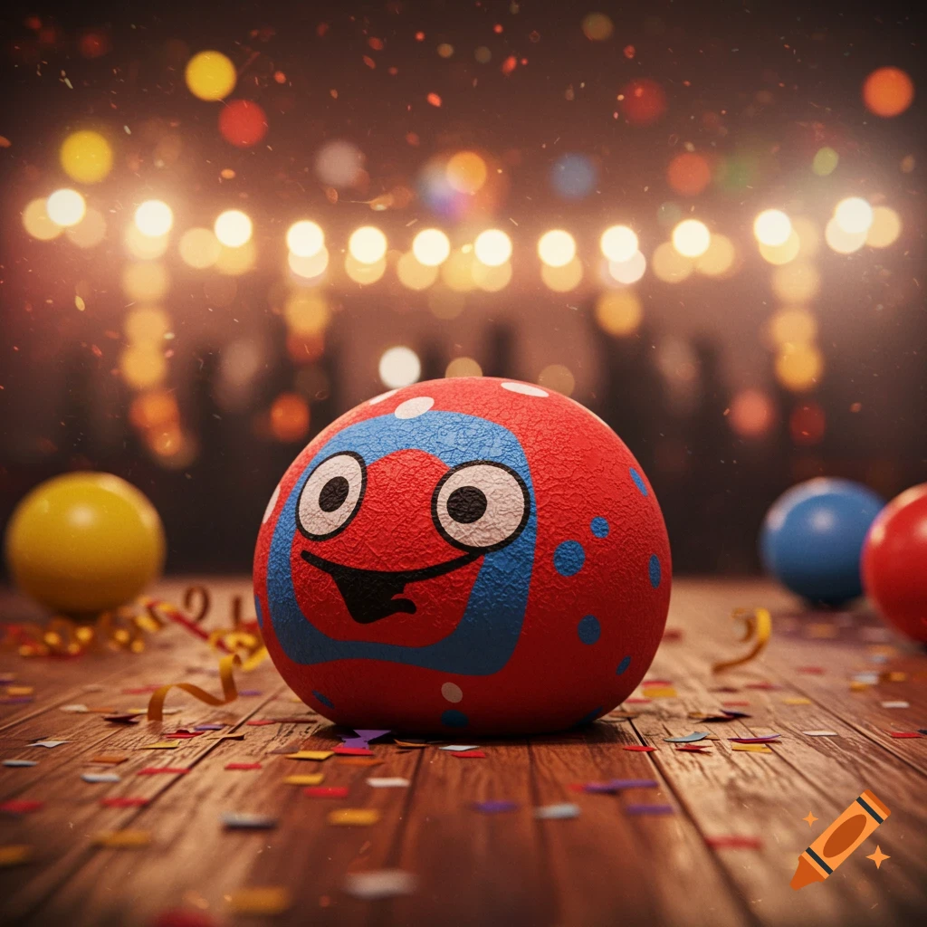 A cheerful red ball with a blue and white design and a big smile sits on a wooden floor covered in confetti, with bokeh party lights in the background.