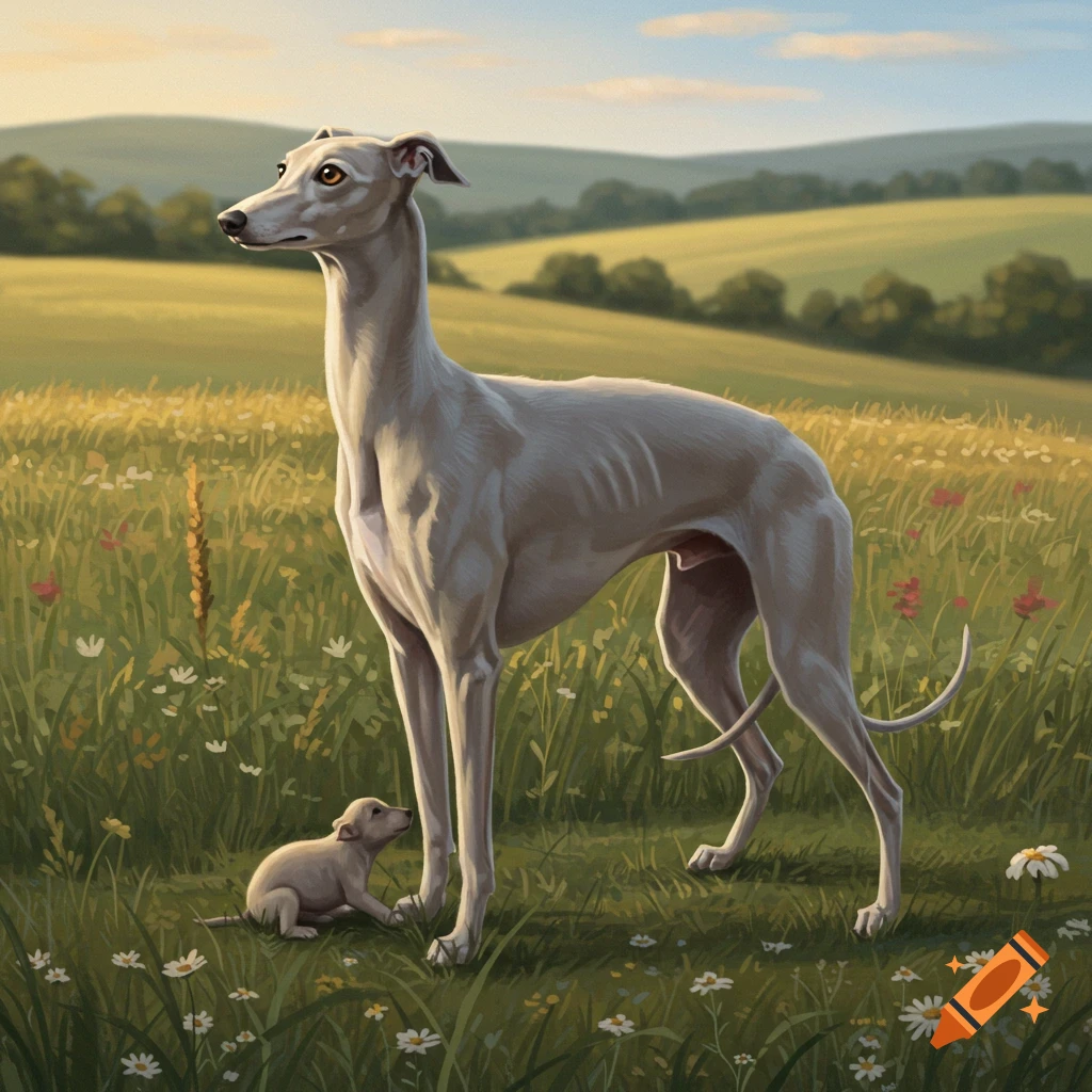A light greyhound stands in a wildflower field with a tiny puppy, under a golden sky with rolling hills in a digital painting style.