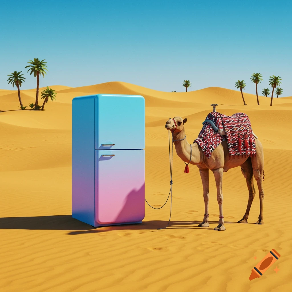 A photorealistic camel with a saddle stands beside a blue and pink refrigerator in a vast desert under a clear blue sky.