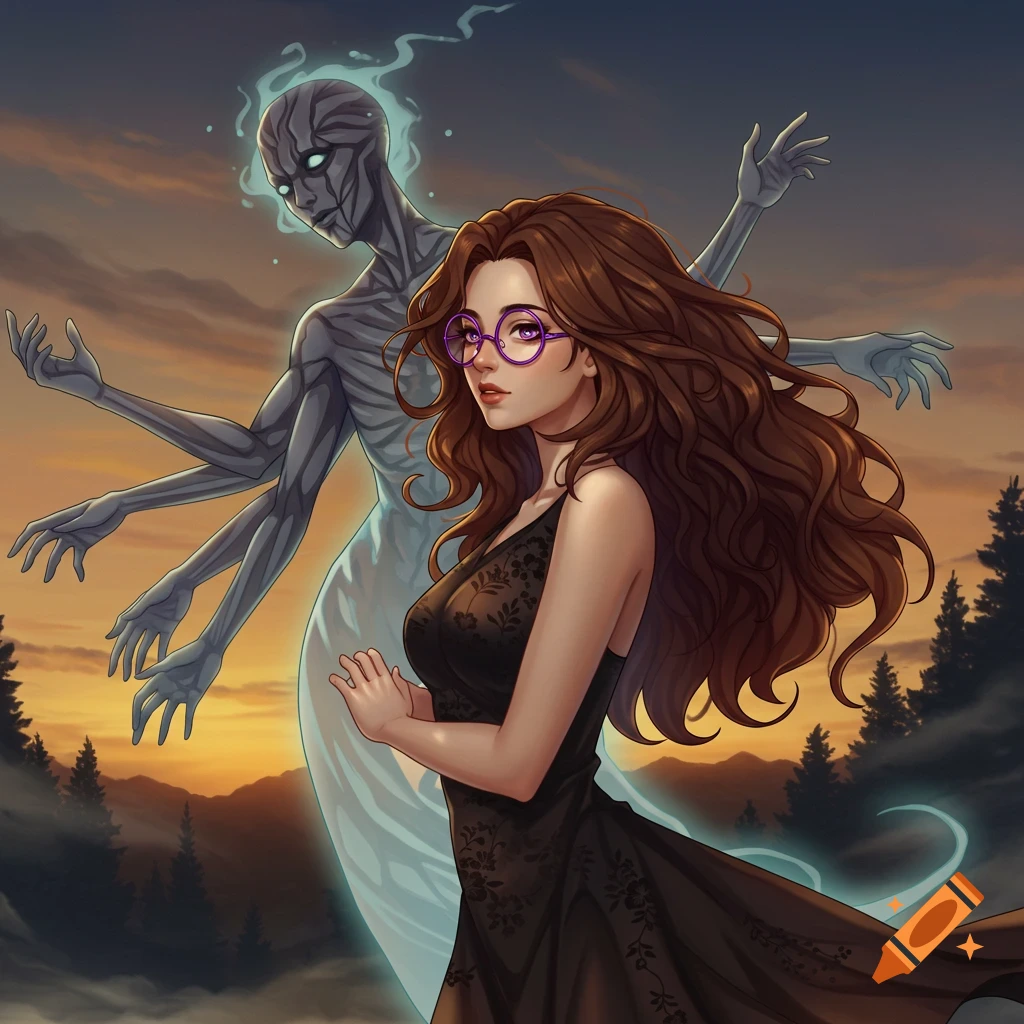An anime-style woman with long brown hair and purple glasses in a black floral dress stands with a multi-armed grey humanoid spirit behind her against a sunset over a misty forest.