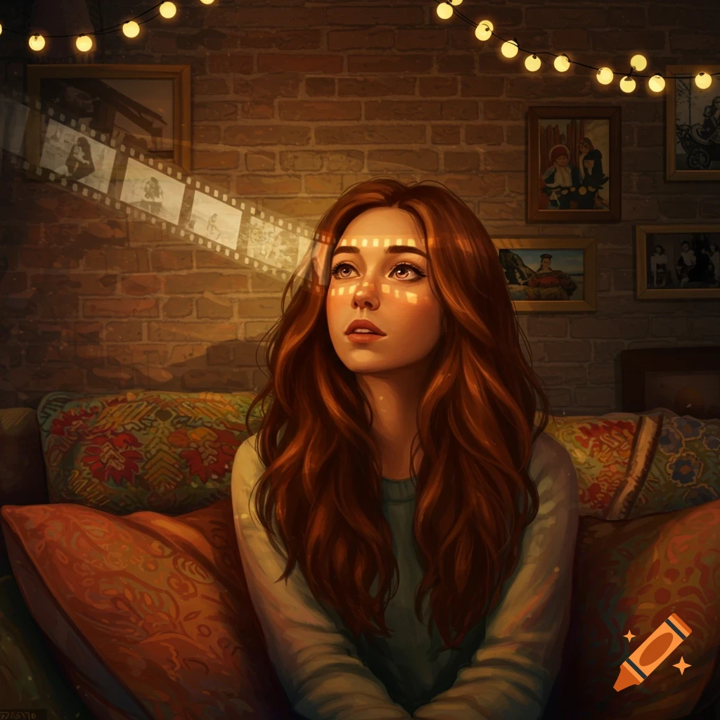 A digital painting of a red-haired woman looking up at a projected film strip in a cozy, dimly lit room with fairy lights.